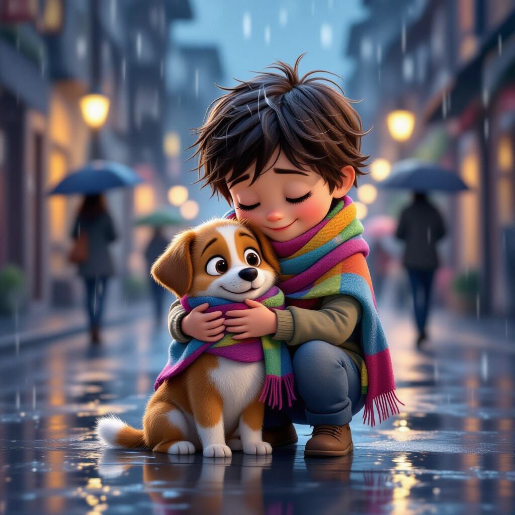 Heartwarming Pixar-Style Scene: Child Rescues Soaked Dog