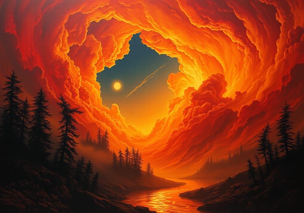 Fiery Sky Over Mystical Dreamlike Landscape