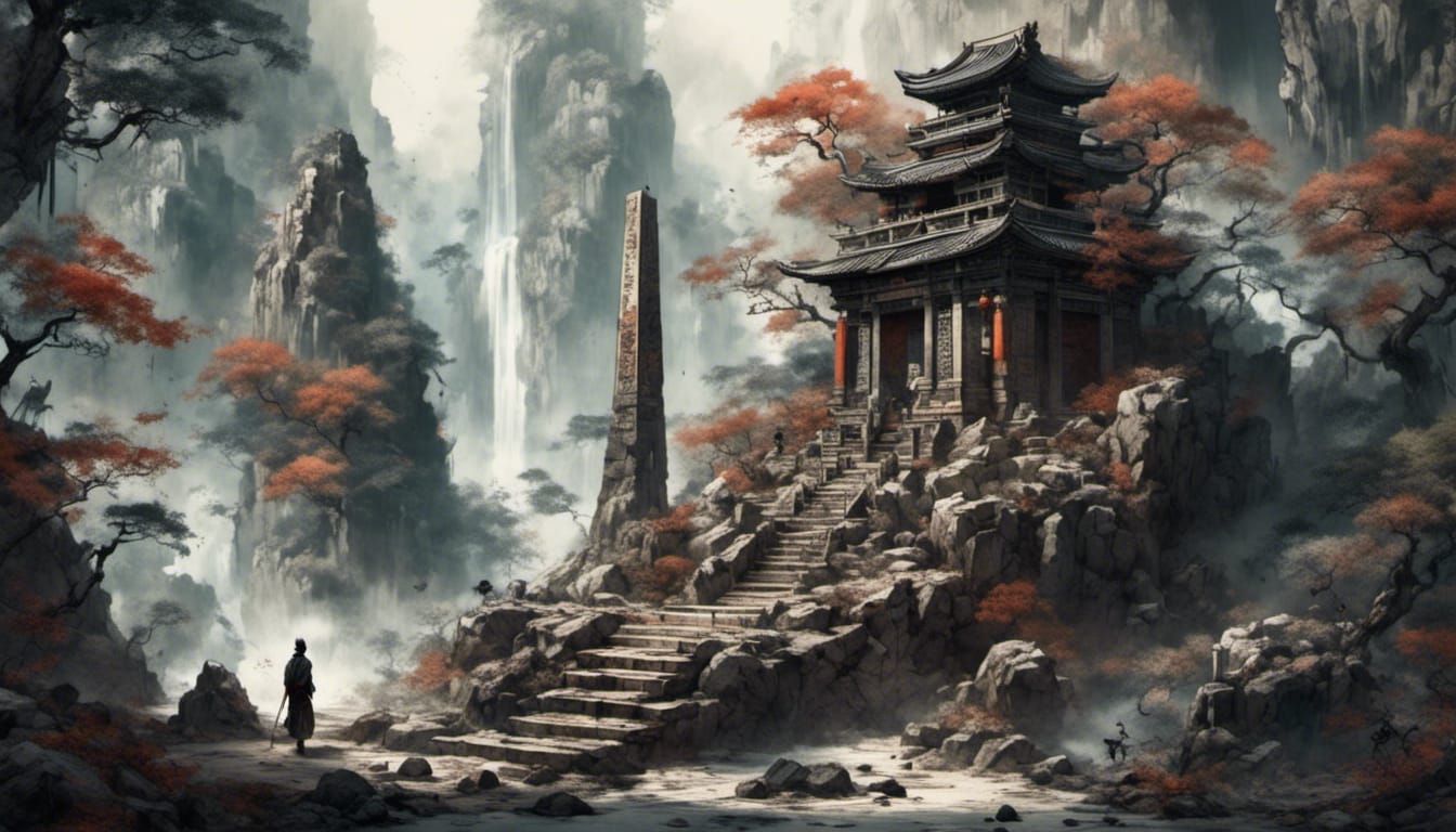 Japanese Bell on Obelisk, Detailed Matte Painting