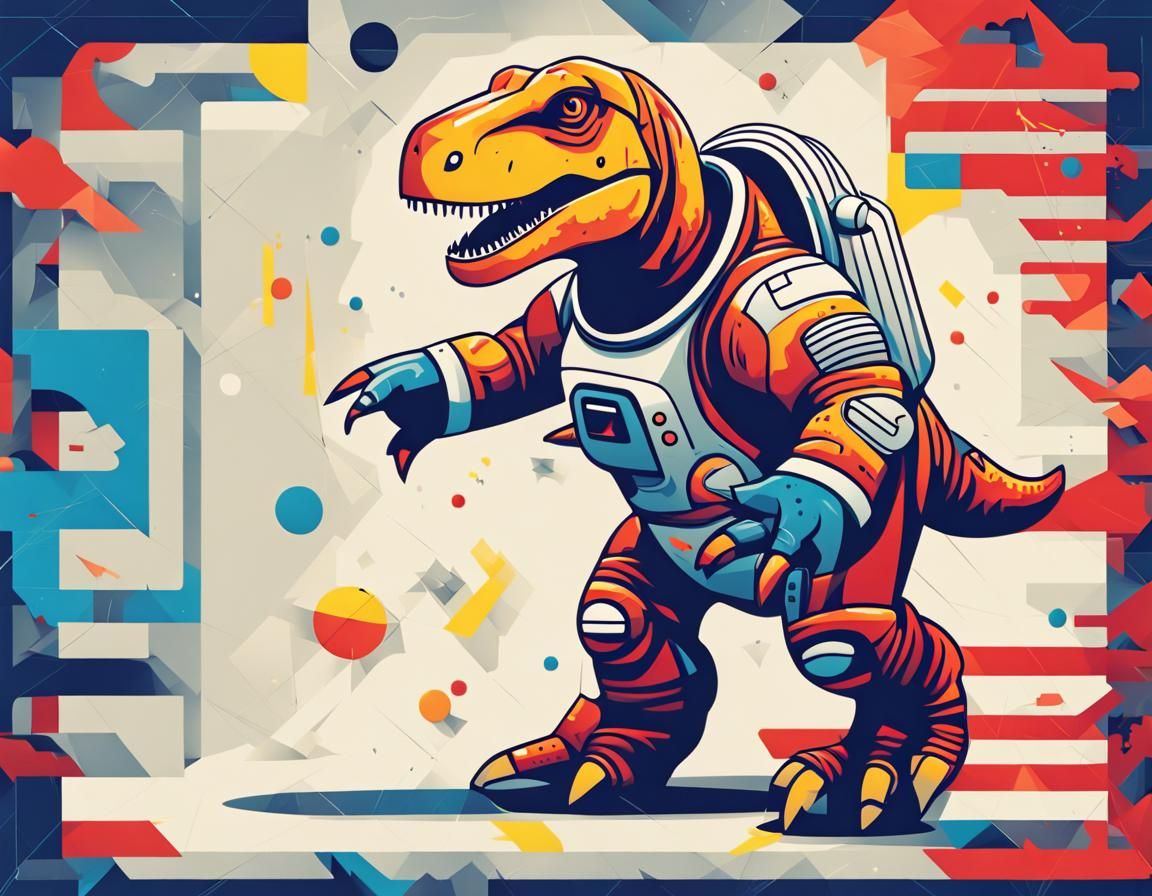 Cubist Cartoon T-Rex in Spacesuit