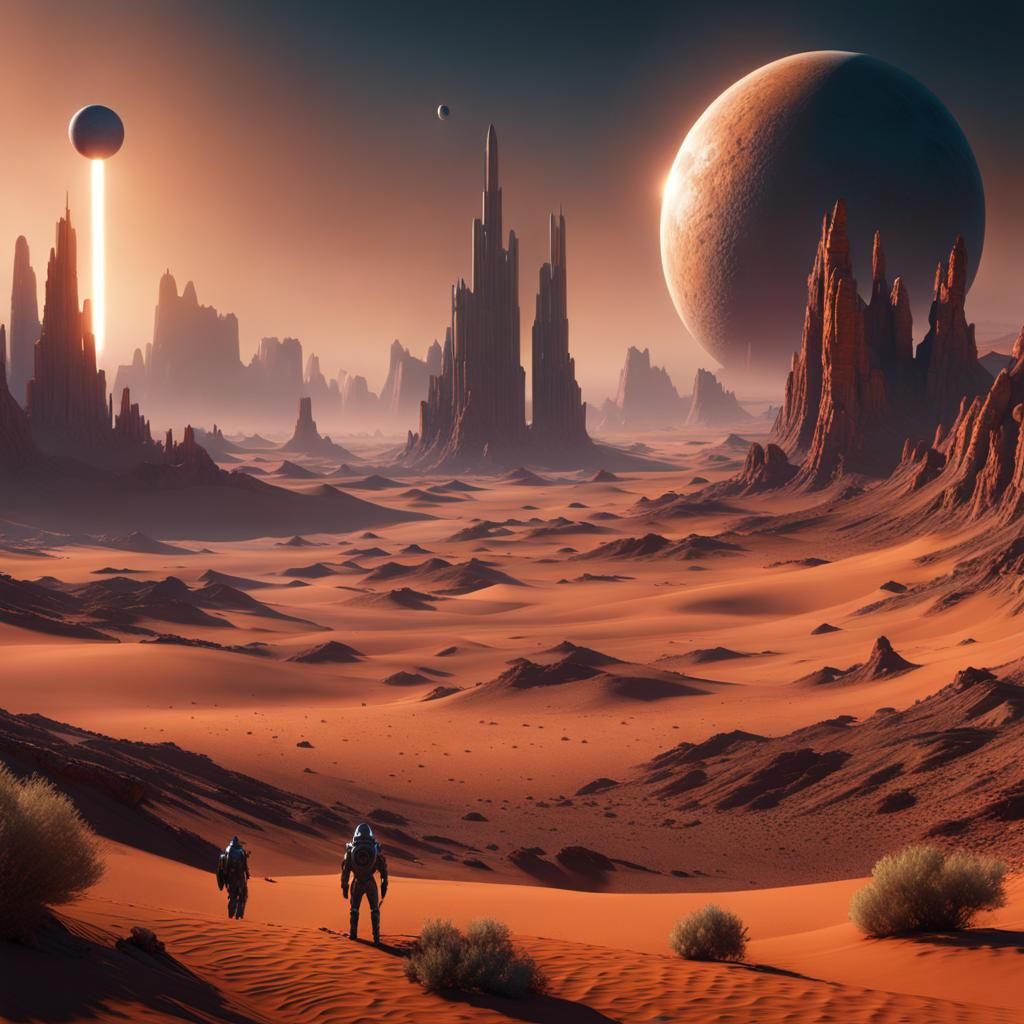 Desert Planet with Alien and Sci-Fi Rocket