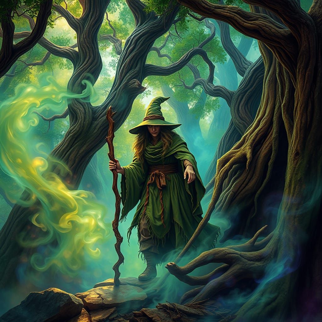 Ethereal Witch Emerges from Mystical Mist in Primeval Forest