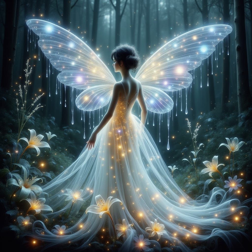 Elegant Fairy in Bioluminescent Forest Watercolor Style