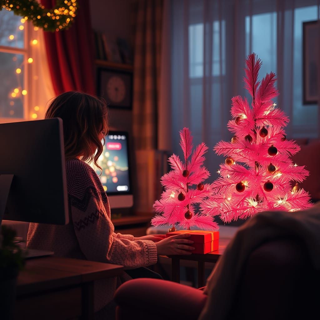 Cozy Home Office with Pink Christmas Tree