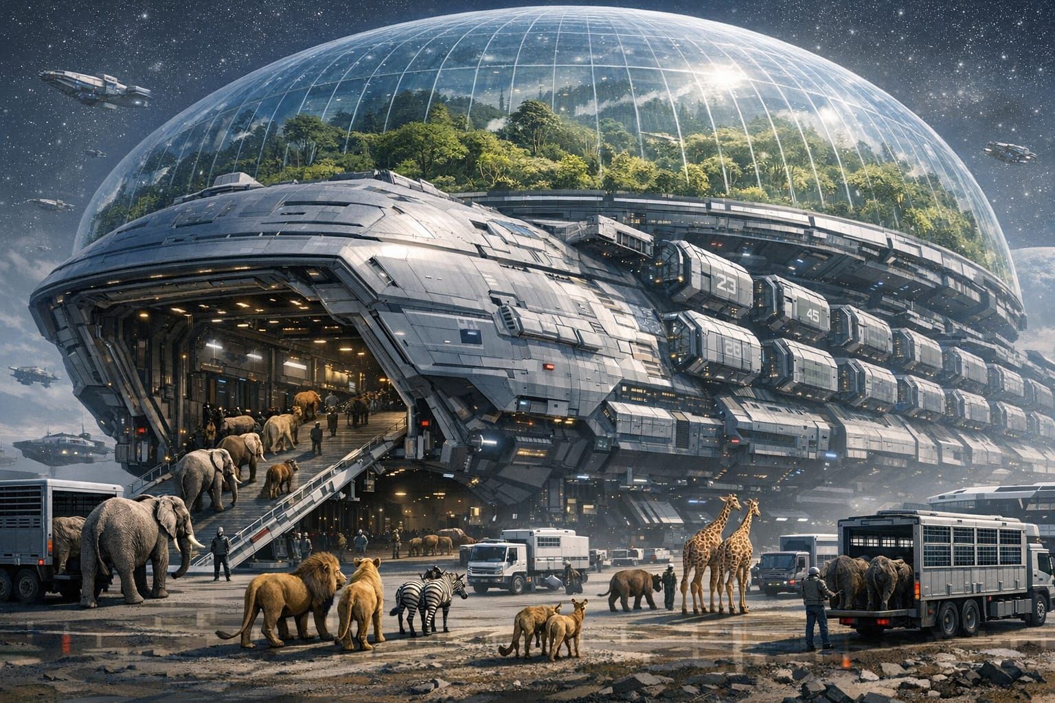 Gigantic Spaceship Ark With Jungle Habitat and Animal Cargo