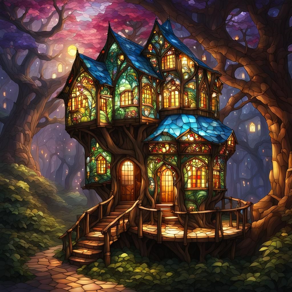 Detailed Stained Glass Tree House in Volumetric Lighting