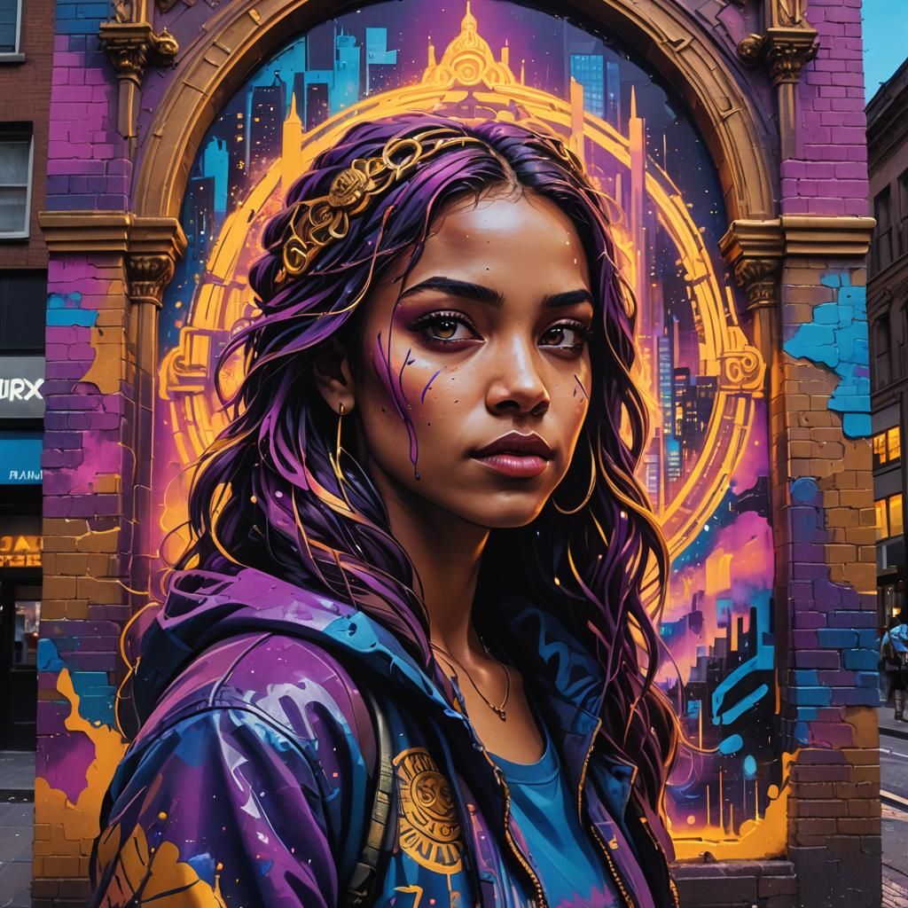 Fantastical Cityscape Portrait in Street Art Style