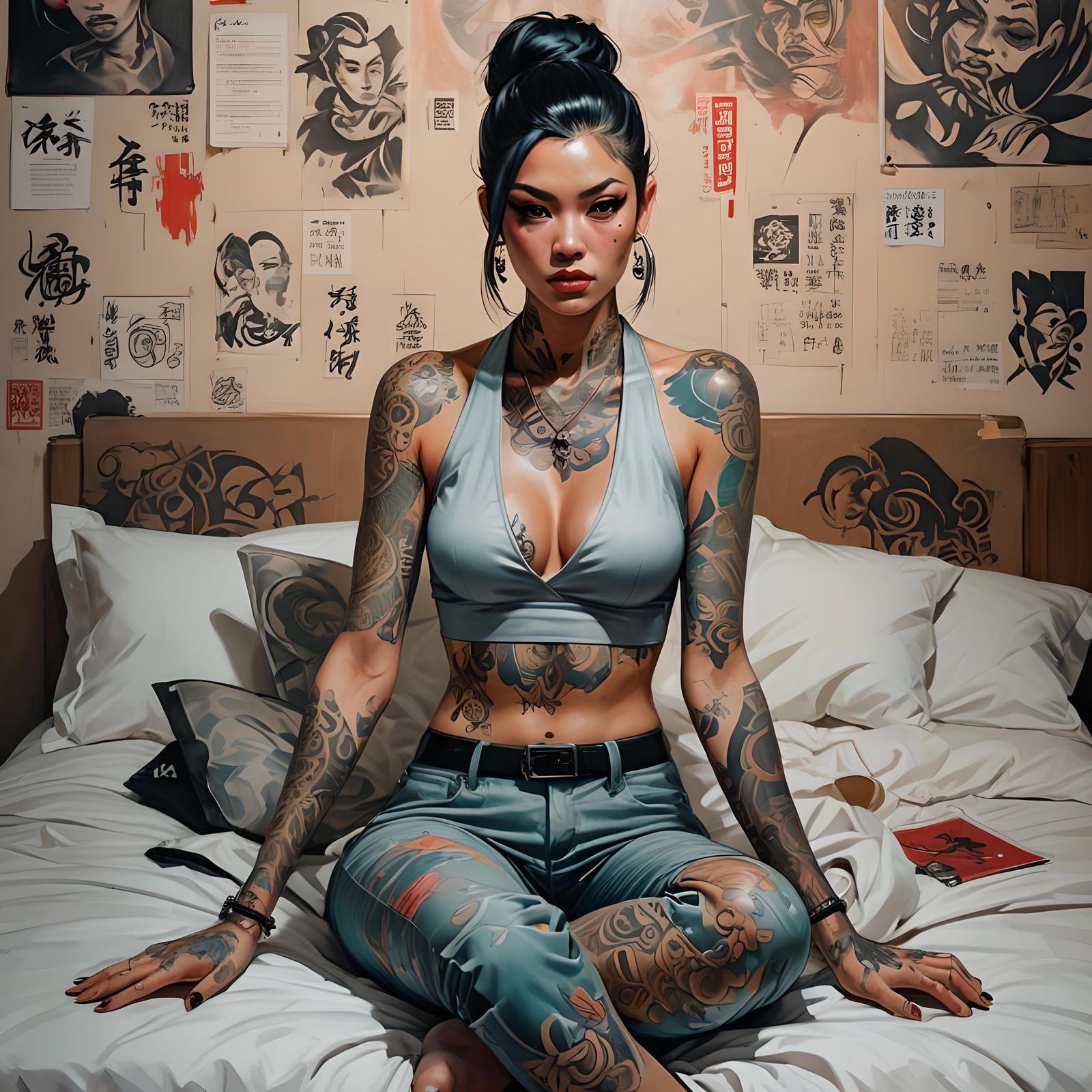 Yakuza Woman with Tattoos in Ink Painting Style