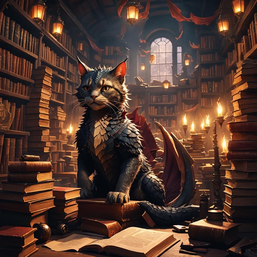 Cat Dragon at School Desk: Digital Matte Painting