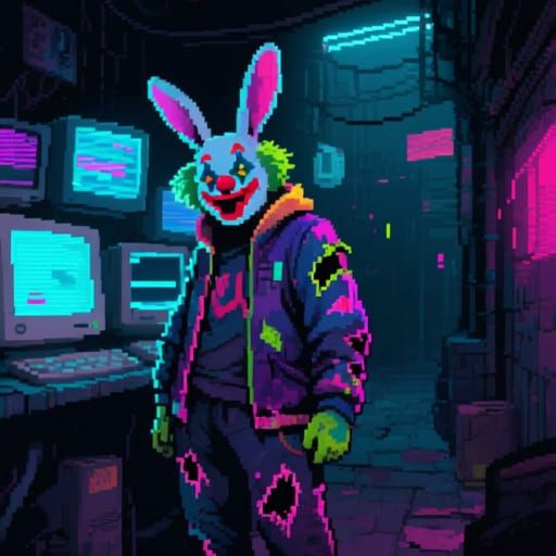 Rabbit Clown Hacker in Retro Pixel Art Cyberpunk Style