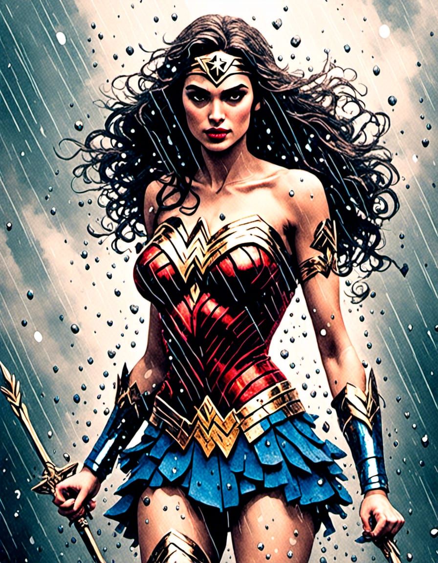 Wonder Woman Heroic Pose in Antique Watercolor Style