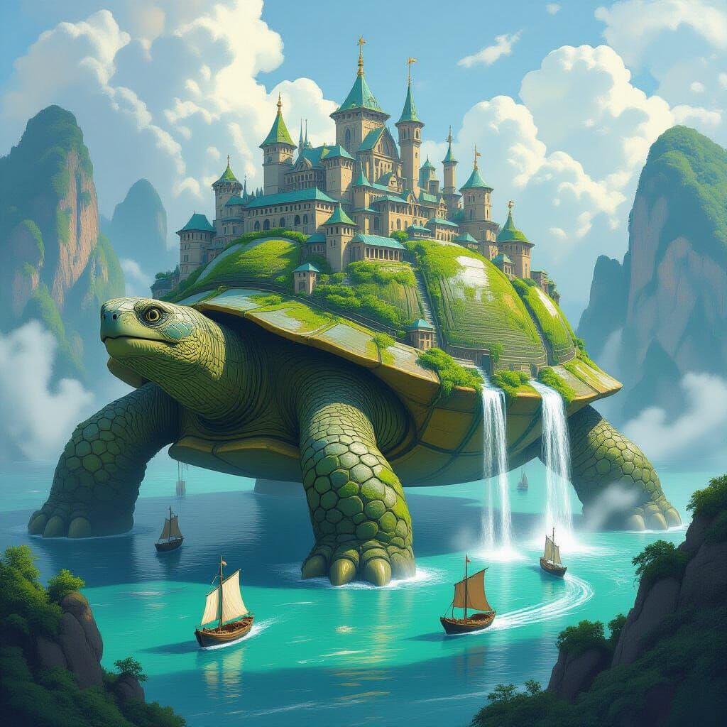 Medieval City on Giant Tortoise in Misty Ocean