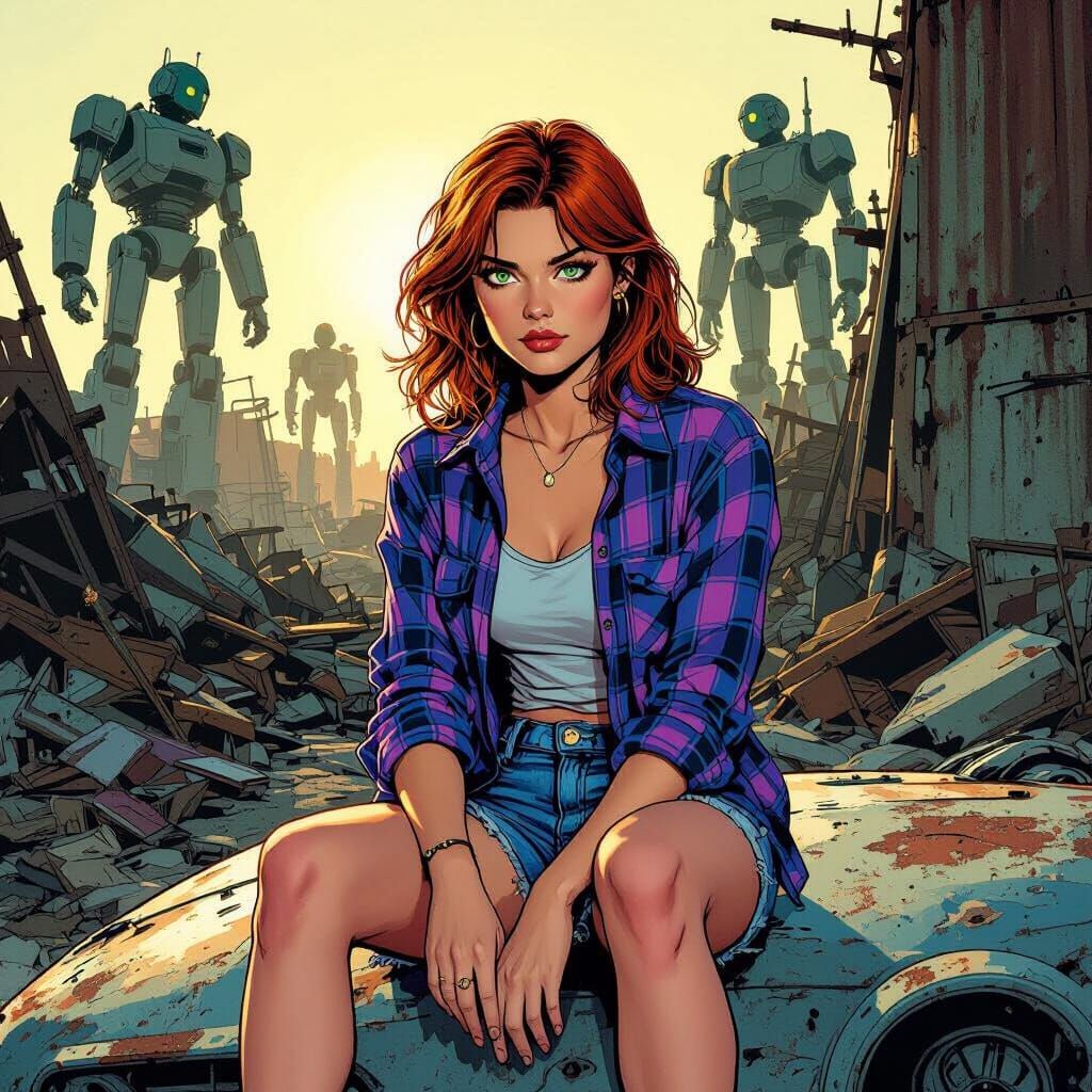 Auburn-Haired Woman on Spaceship in Junkyard