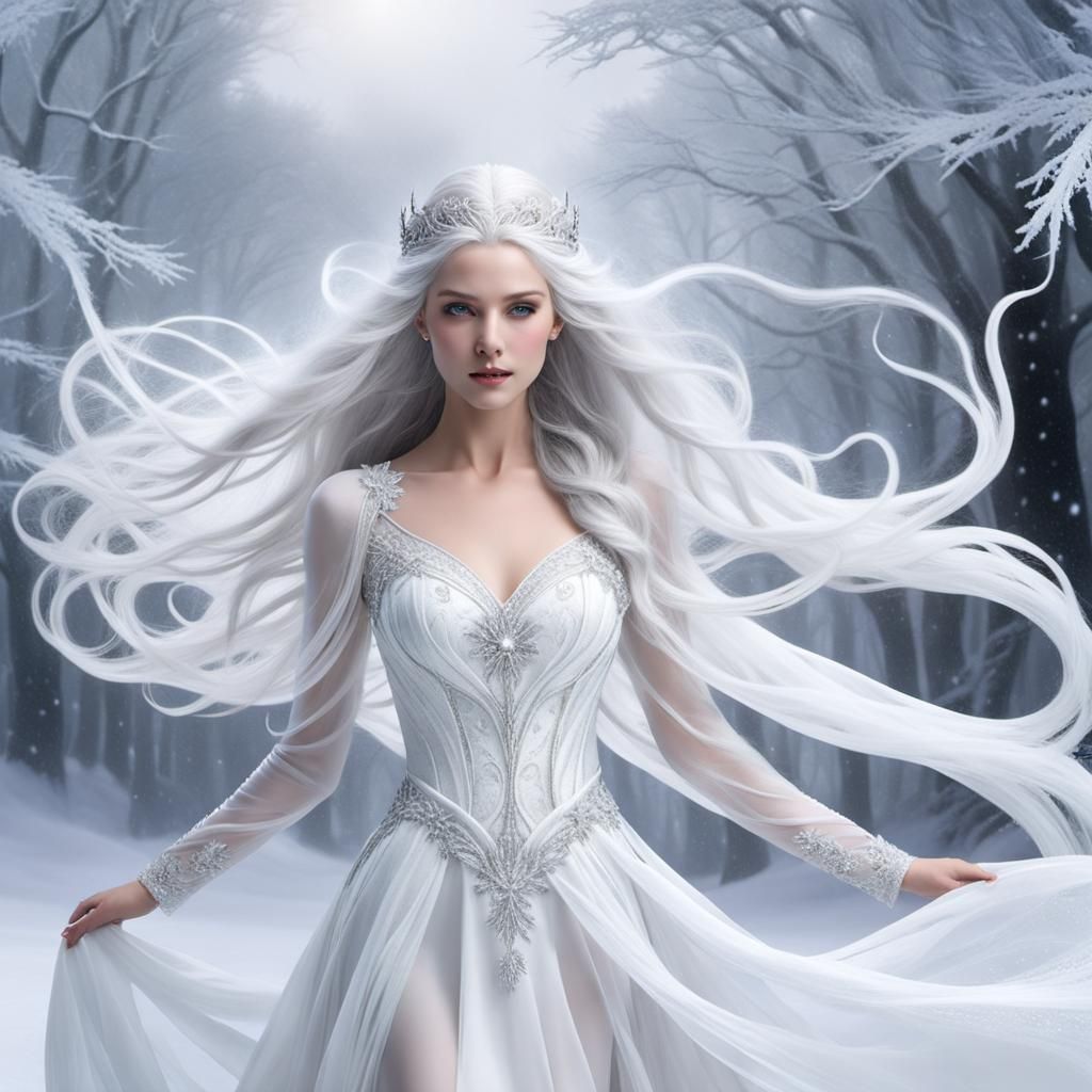 Regal Ice Queen in Frosty Glass Gown Amidst Tempestuous Snow...