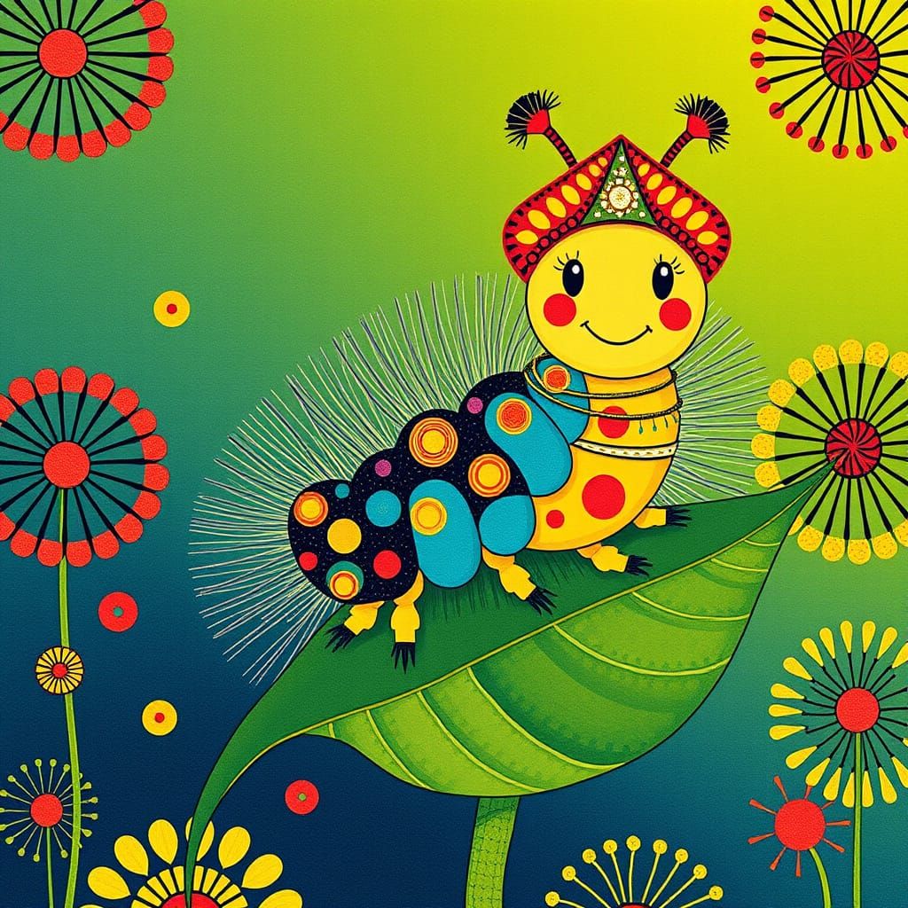 Smiling Caterpillar in Neo-Primitivism Style