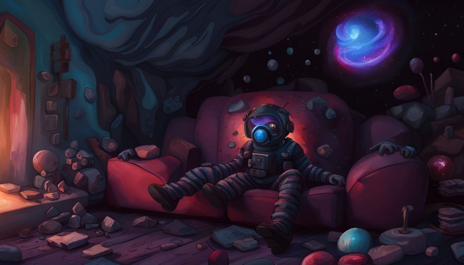 Trippy dark clown on psychedelics sitting on a couch with a colourful trippy space suit on in a destroyed house on Mars,...