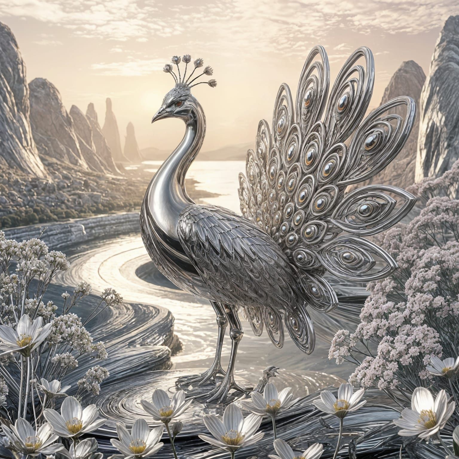 Sleek Chrome Peacock Emerges from Futuristic Landscape