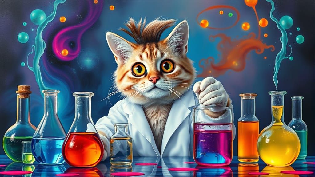 Whimsical Surrealist Feline Alchemist in a Neon Lab