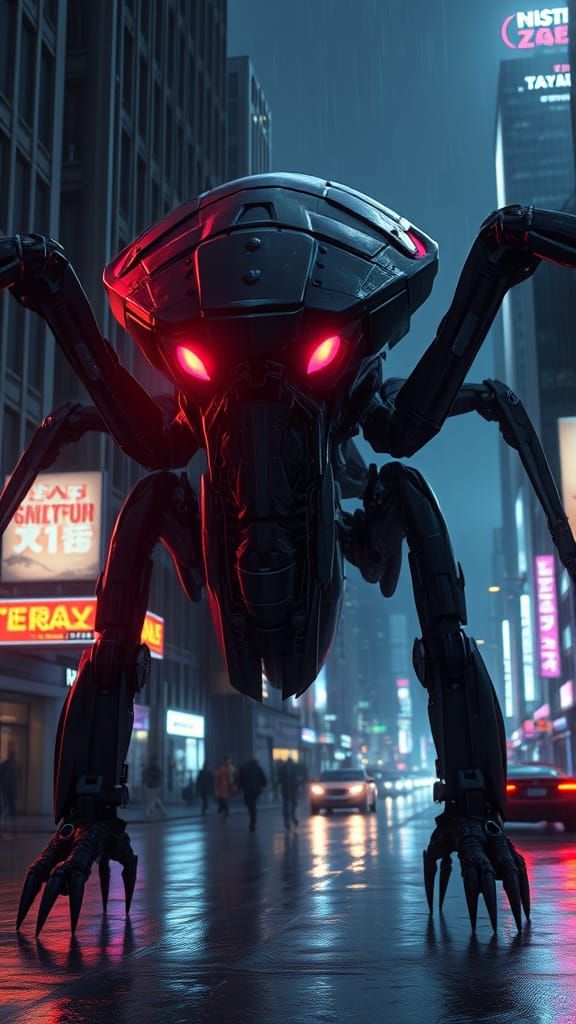 Surreal Futuristic Mecha Awakens Amidst Dystopian Cityscape