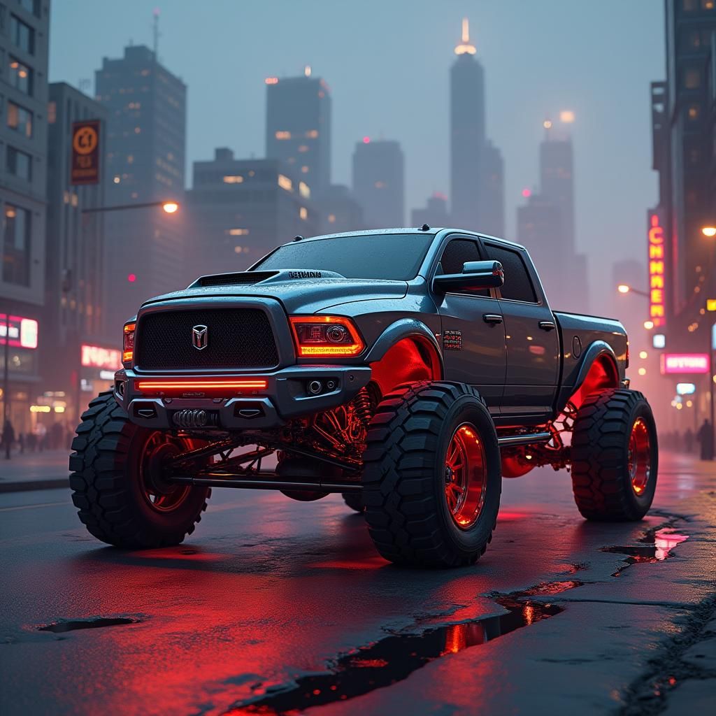 Futuristic Lifted Truck in Cyberpunk Cityscape