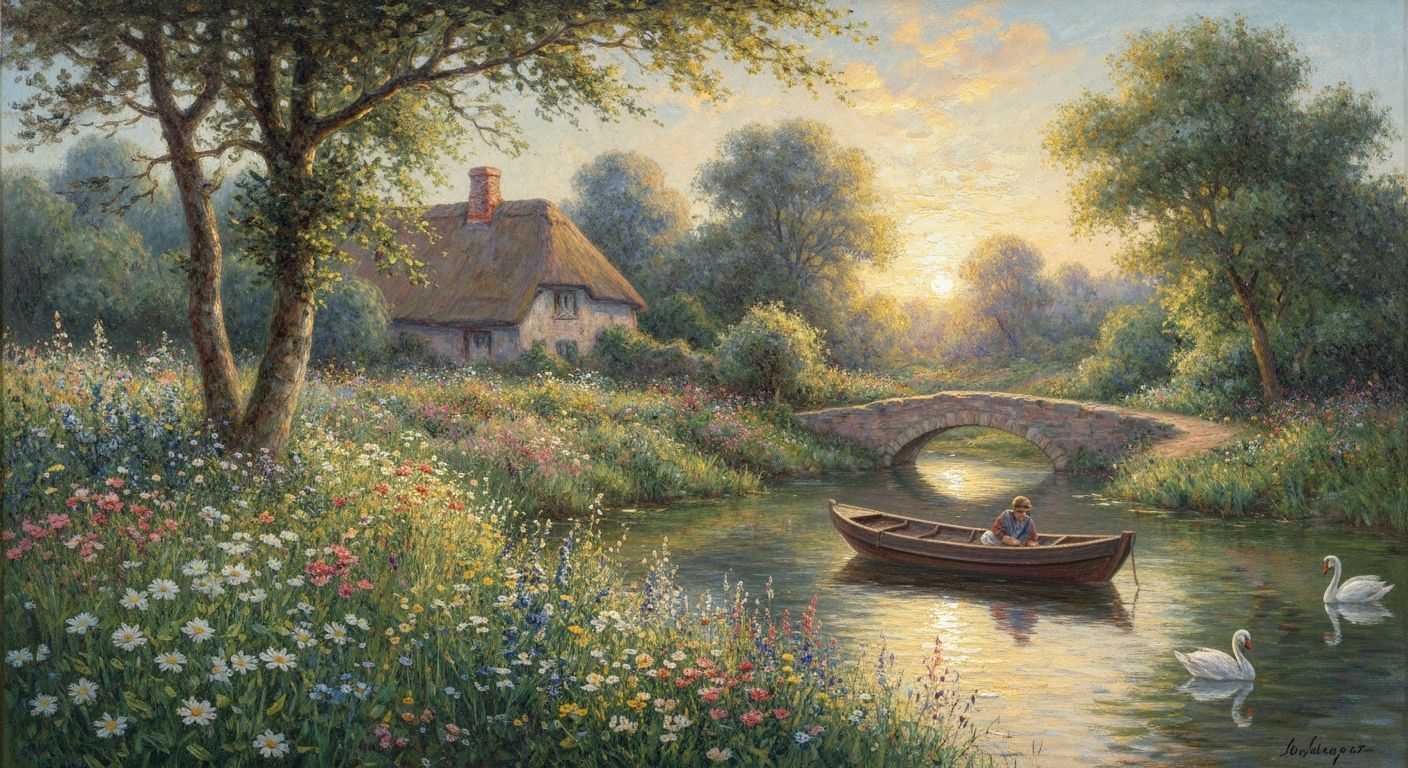 Wildflower Garden Cottage at Sunset: Impressionism Style