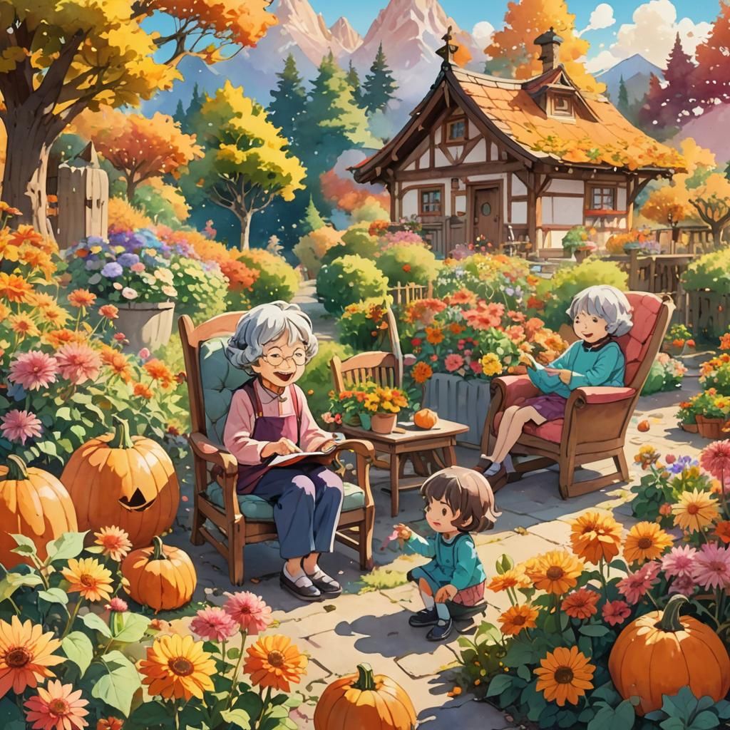Grandma and Children at Pumpkin Mountain: Anime Art