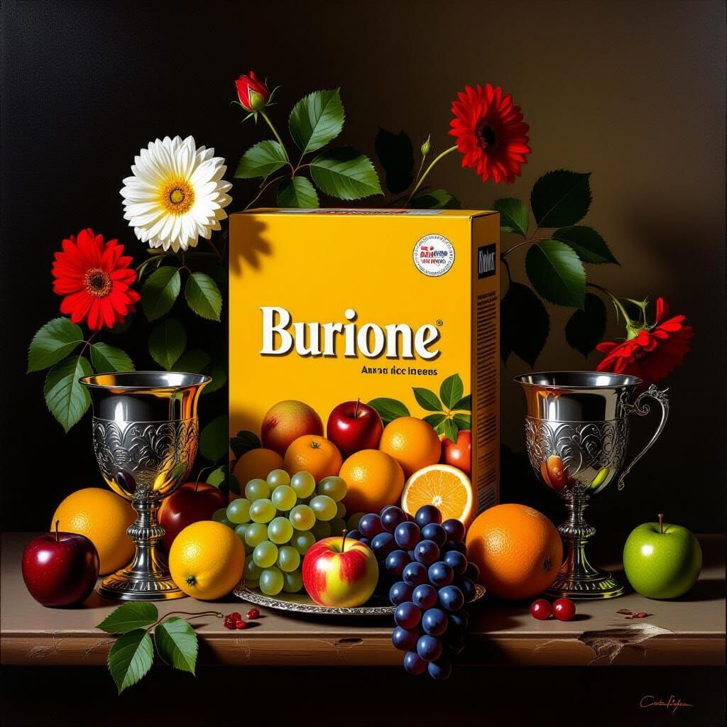 Baroque Still Life with Modern Cereal Box