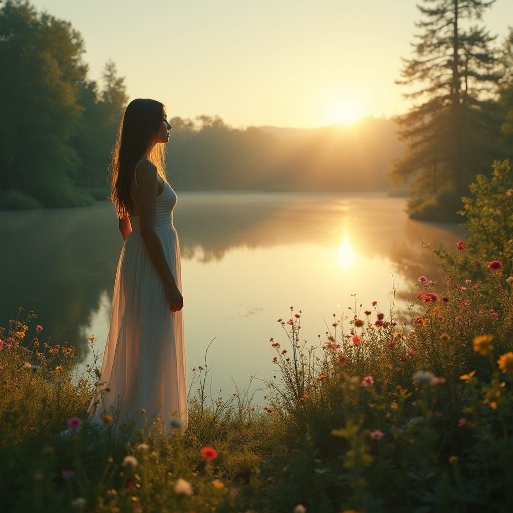 Ethereal Woman Basks at Mystical Lake's Edge