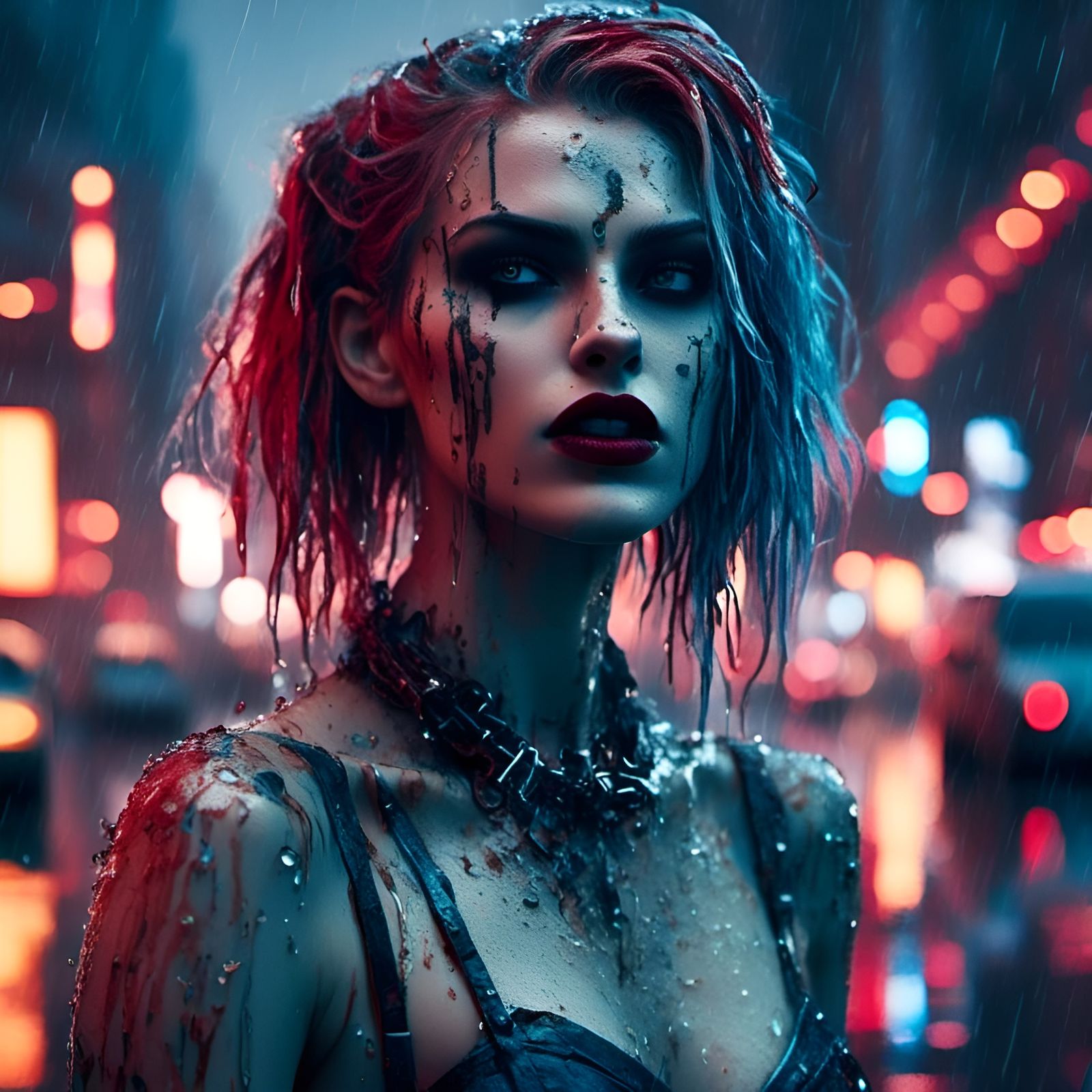 Cyberpunk Girl in Rainy Neon City