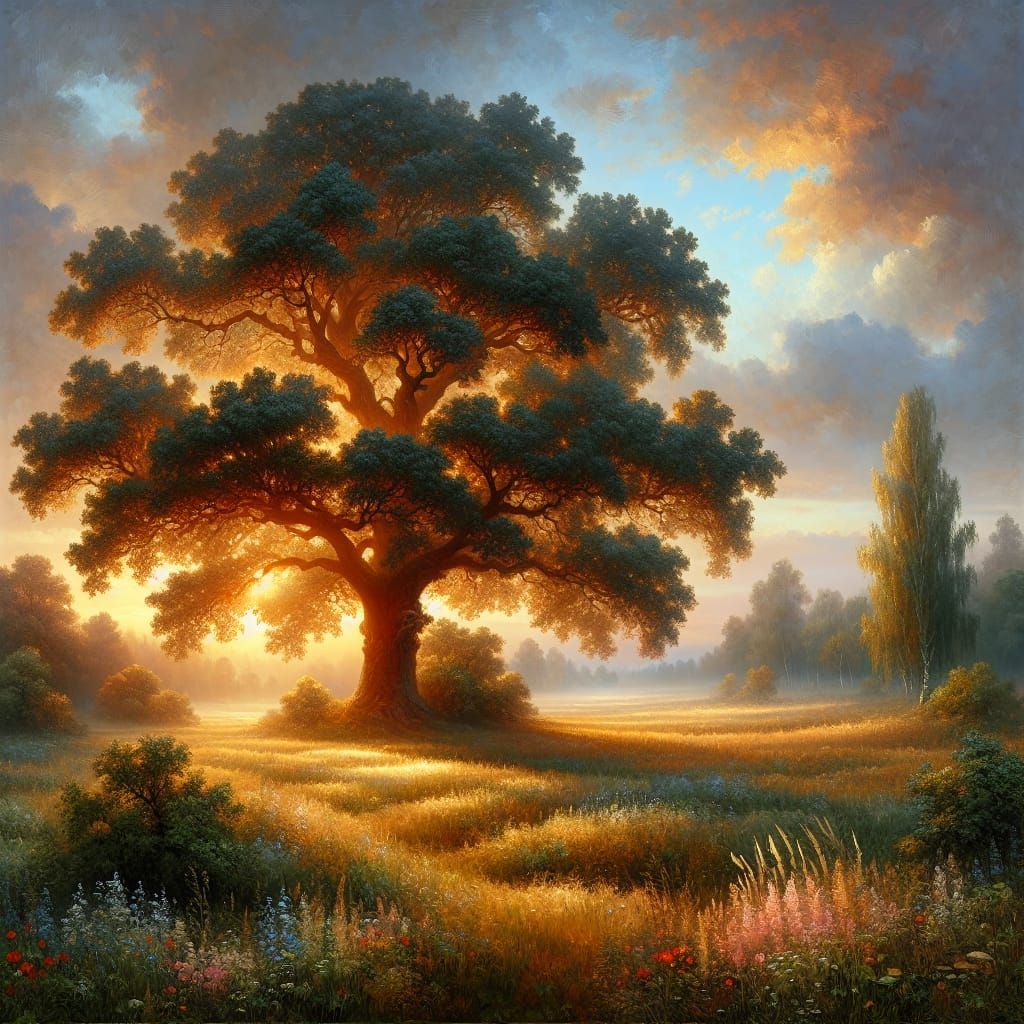 Tree in Summer Meadow at Dawn