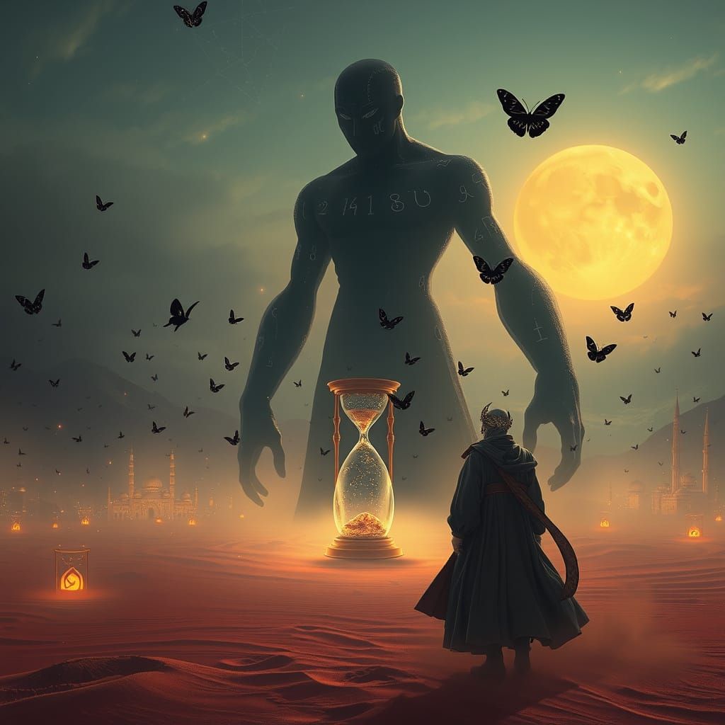 Surreal Desert of Time with Shadow Figure and Glass Wanderer