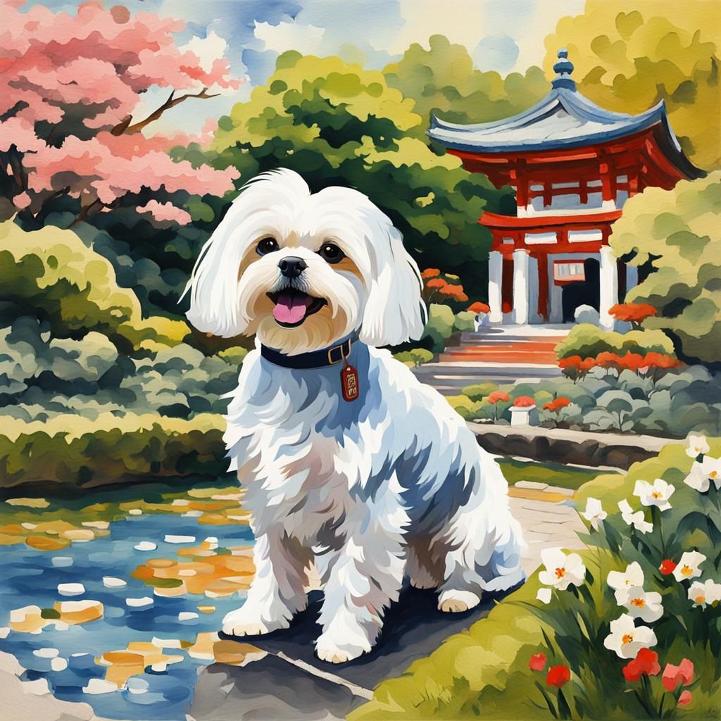 Maltese Dog in Japanese Garden as Gouache Painting
