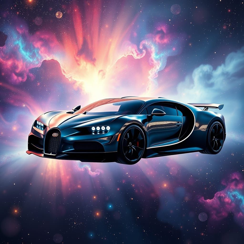 Bugatti Chiron Levitating Through Cosmic Nebula