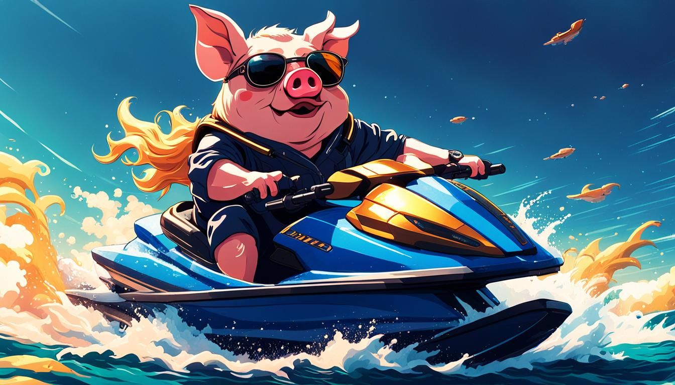 Classy Pig on Jet Ski in Anime Style