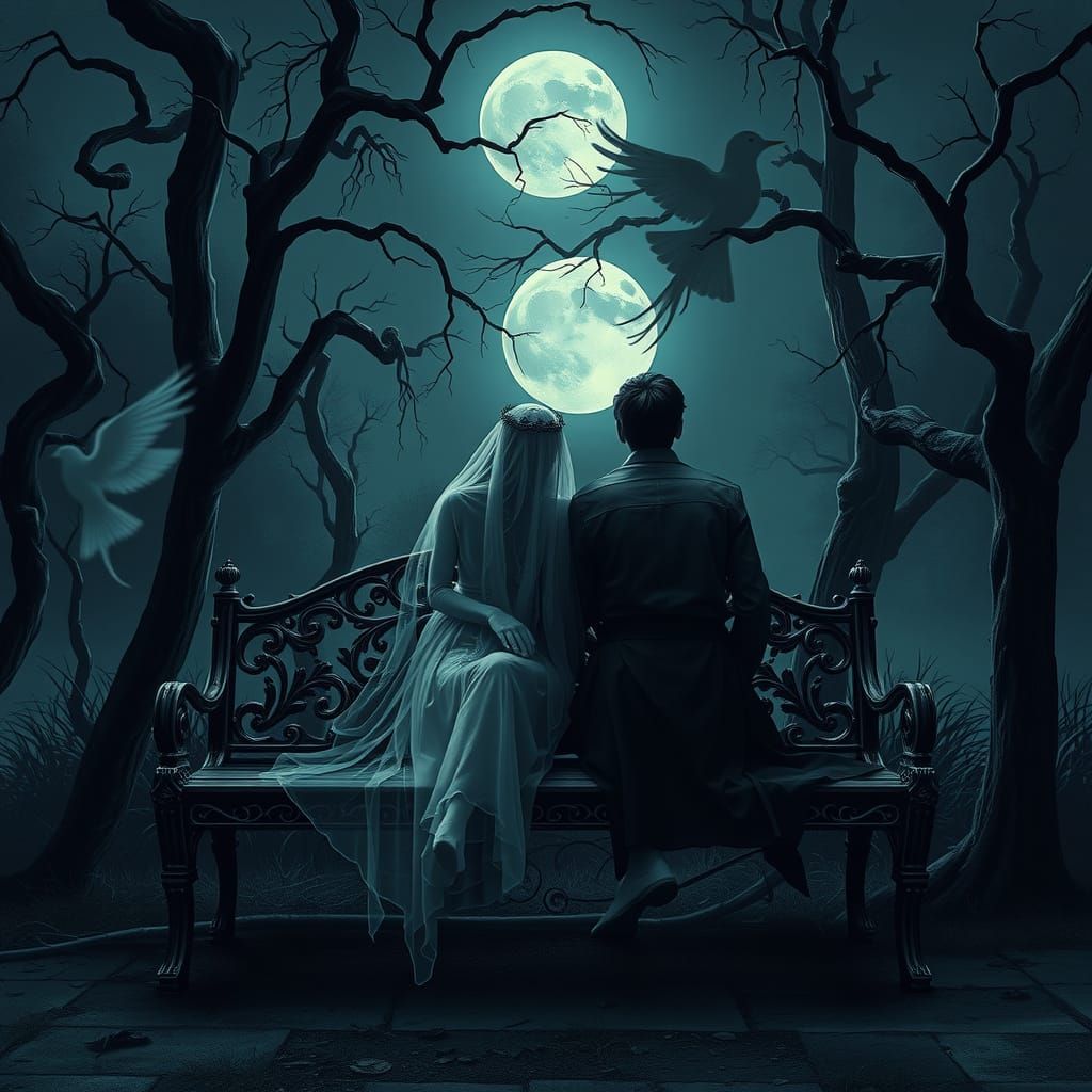 Ethereal Lovers in Moonlit Park: Gothic Vaporwave Art