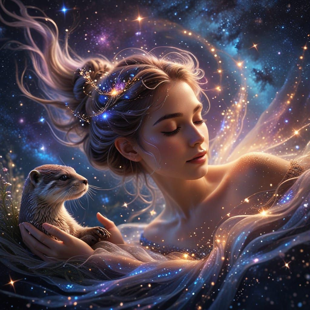Celestial Fairy and Majestic Otter in a Sparkling Cosmic Rea...