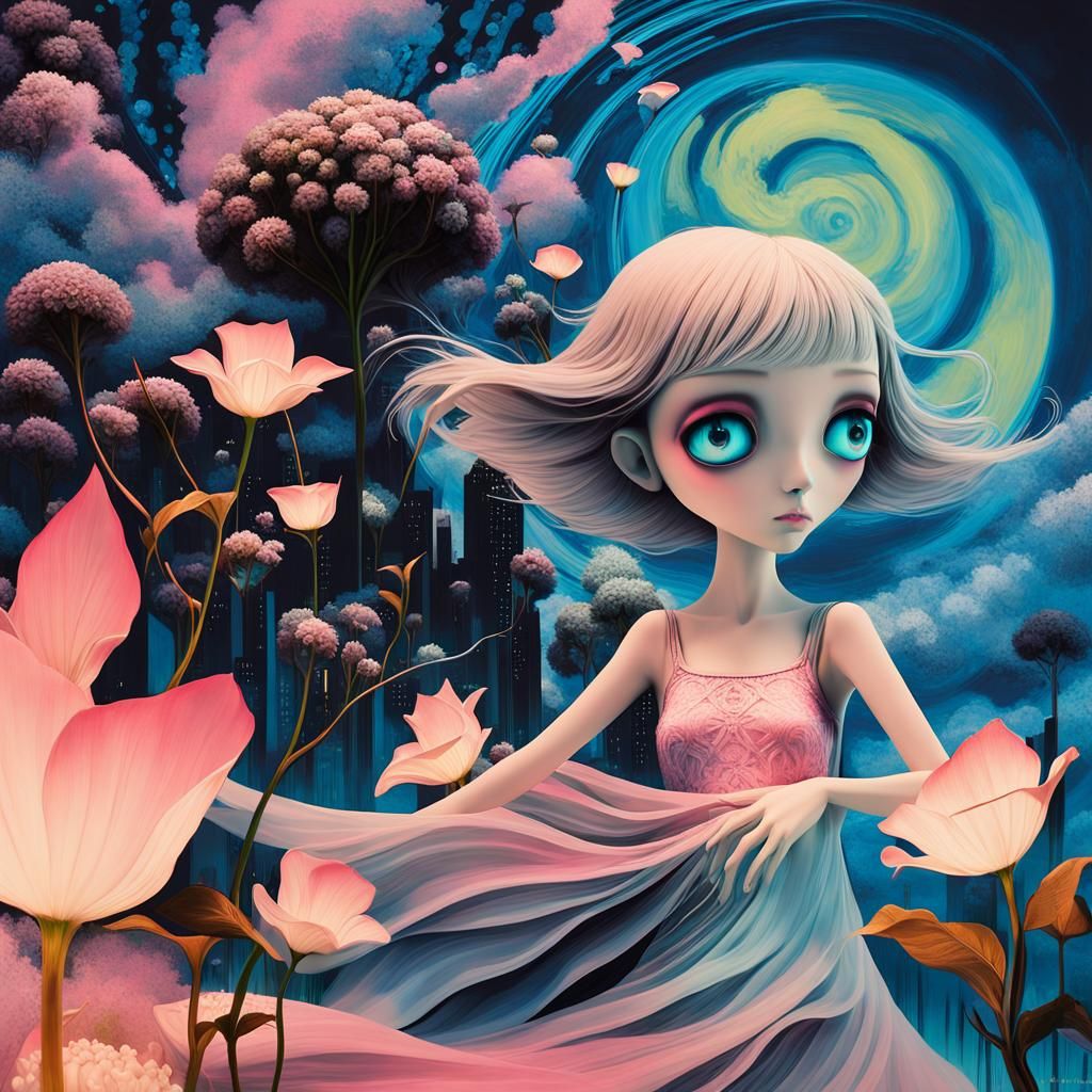 Surrealist dreamscapes. Medium shot. A pale, white-haired fa...