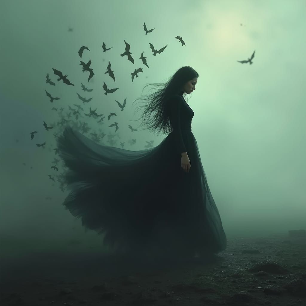 Woman's Dress Becomes Bats in Stark Landscape