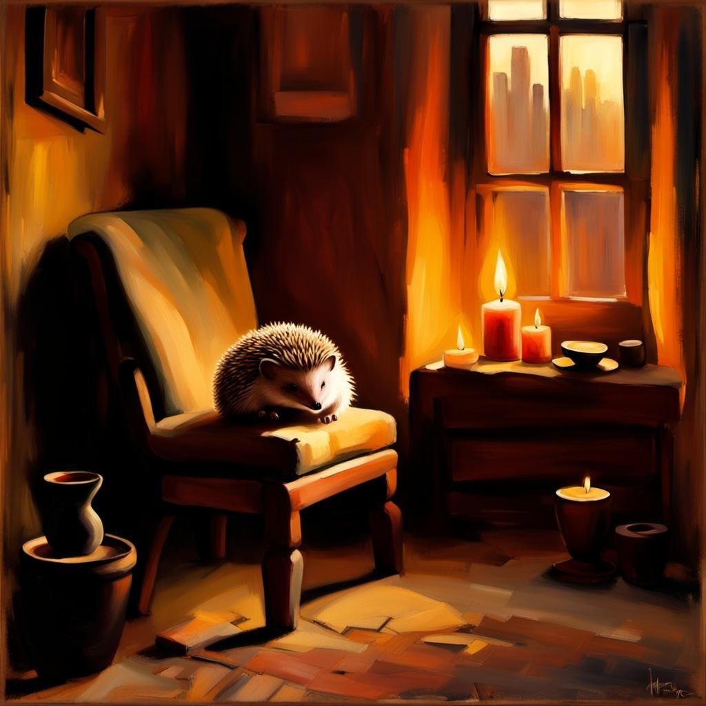 Hedgehog's Cozy Evening in Rustic Hedgefarm, Impressionist O...