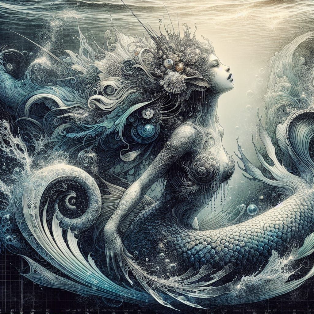 Ocean Mermaid in Botanical Ink, Fantastical Realism