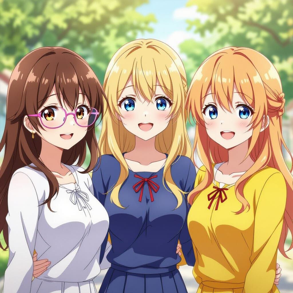 Three Anime Friends Smiling Joyfully