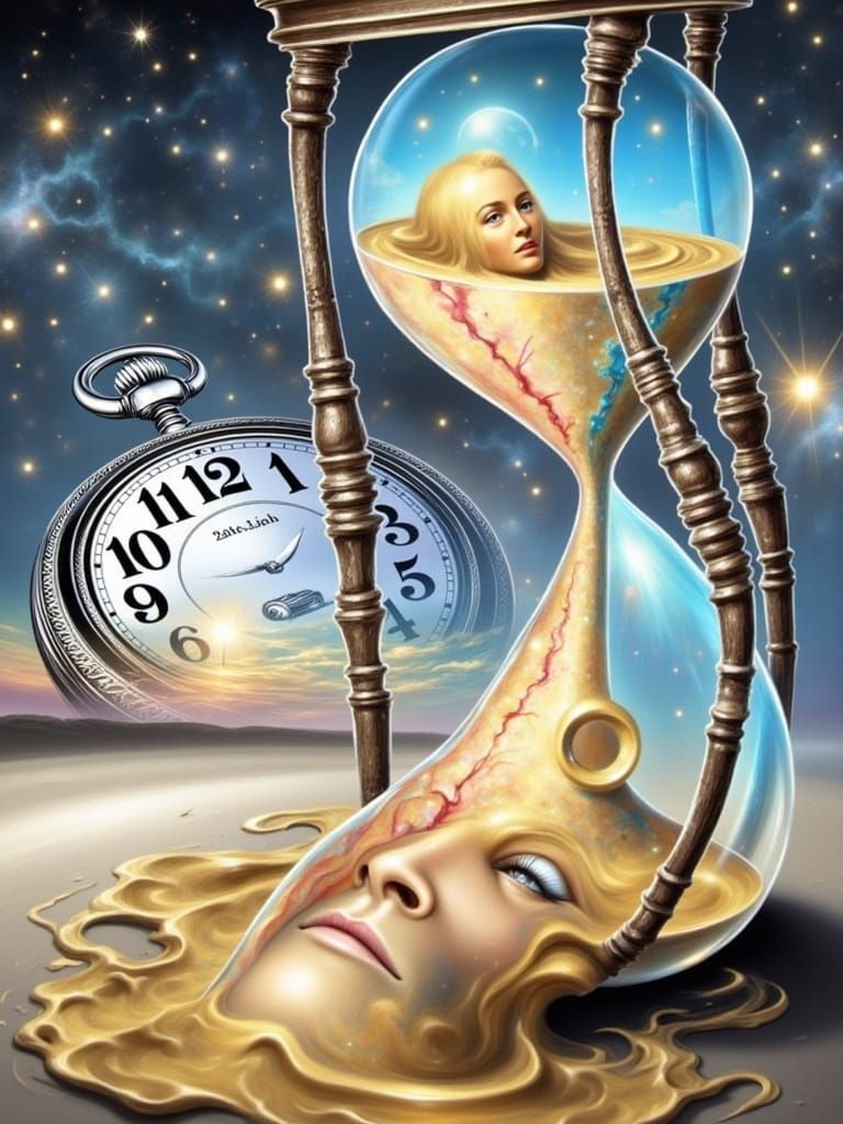 Antique Hourglass with Evolving Faces, Hyperrealistic Oil Pa...