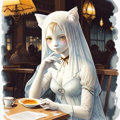 Translucent Ghost Cat in Café, Ink and Watercolour