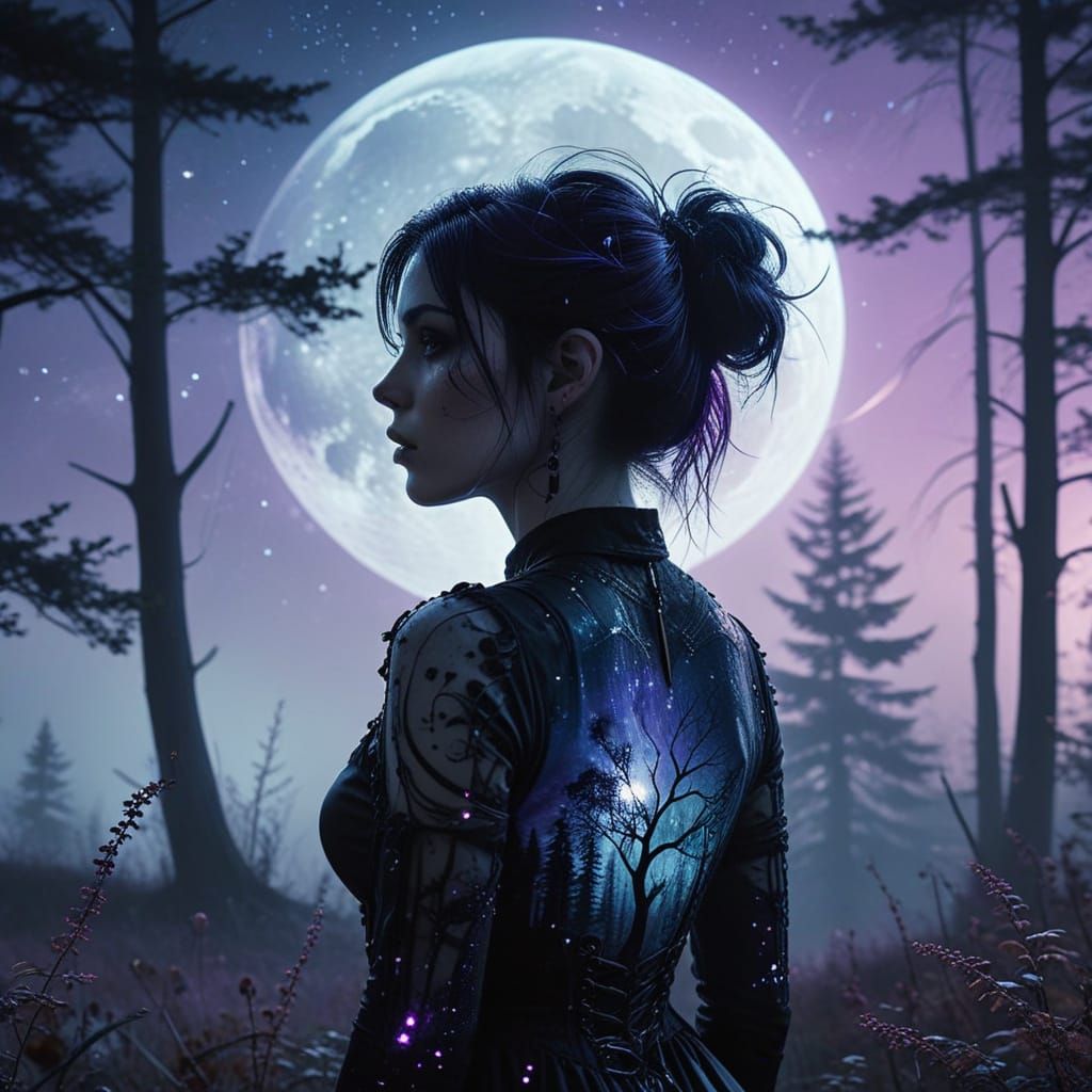 Goth Punk Girl Silhouette in Dreamy Moonlit Summer Landscape