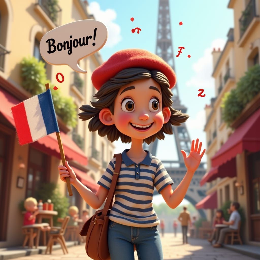 Cheerful Student Waving French Flag in Paris