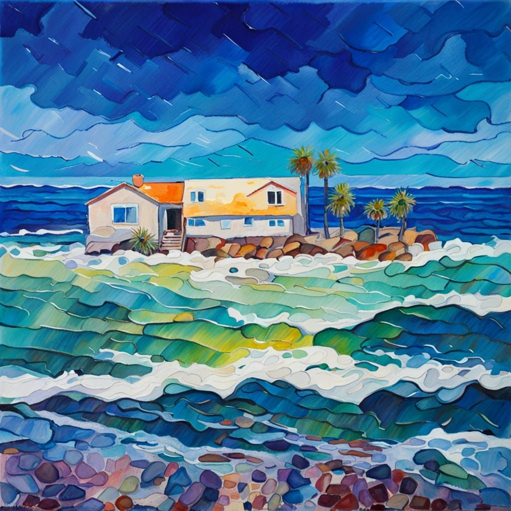 California Seacoast Still Life: Neo-Impressionist Watercolor...