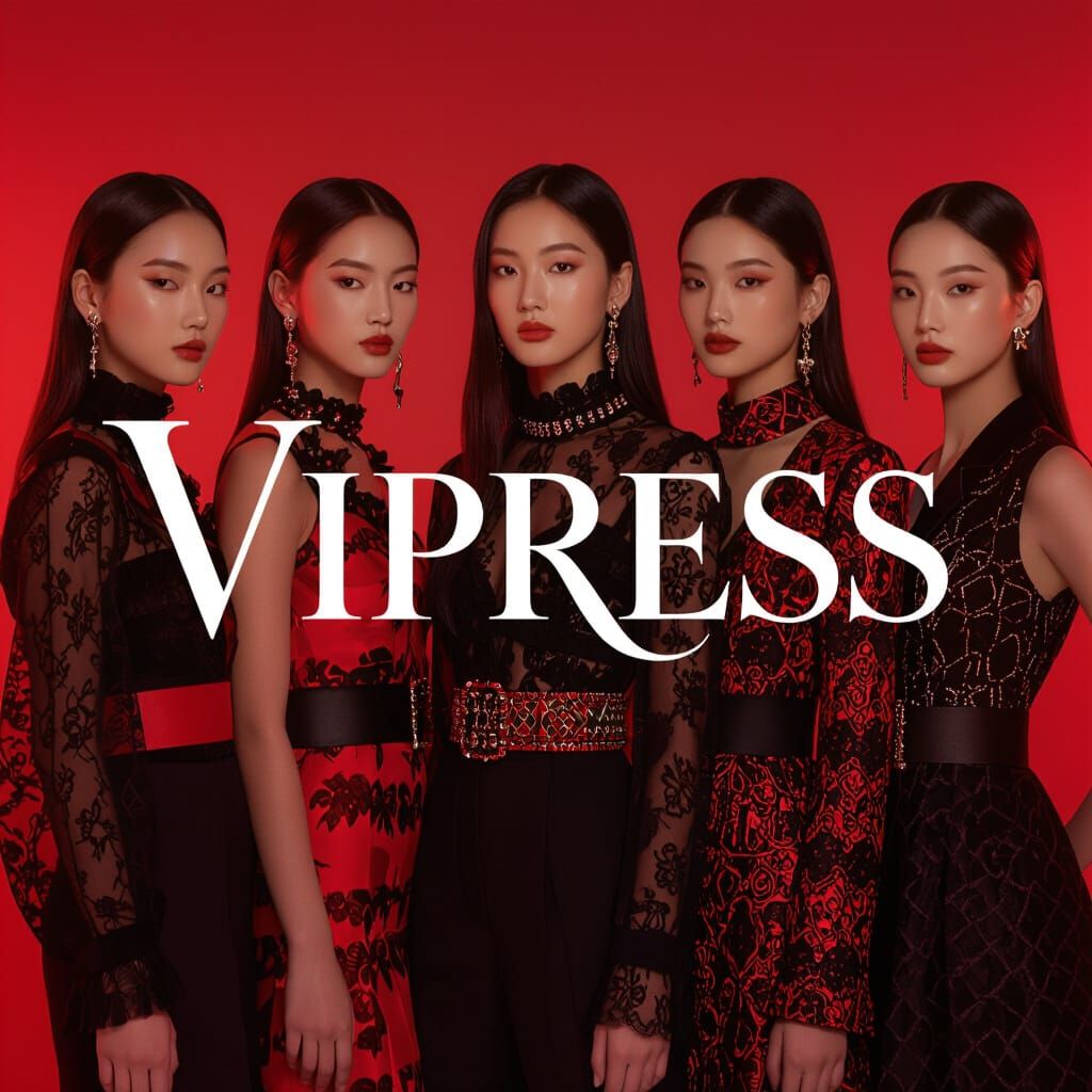 Seven Girls in Stylish Black and Red Fashion Editorial