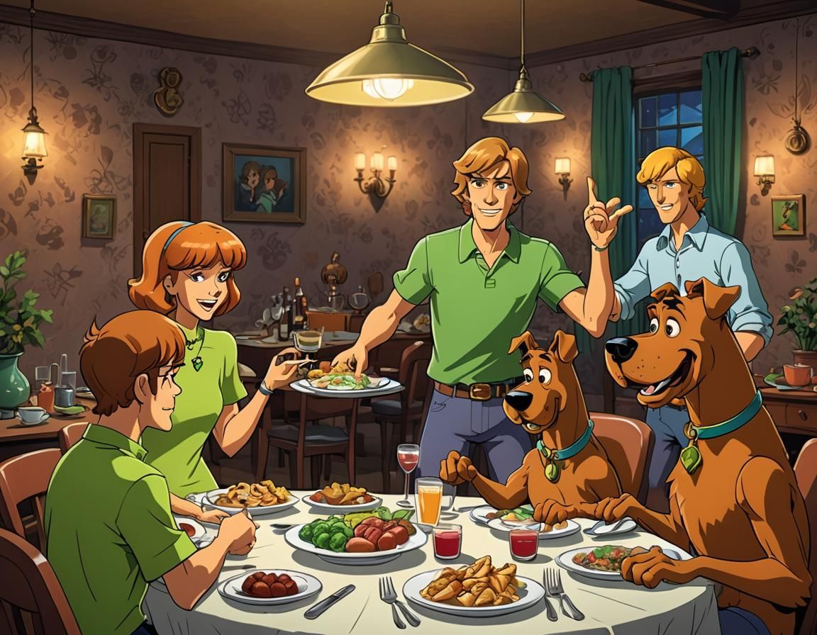 Scooby Doo and Shaggy in a Vibrant Dinner Party Scene