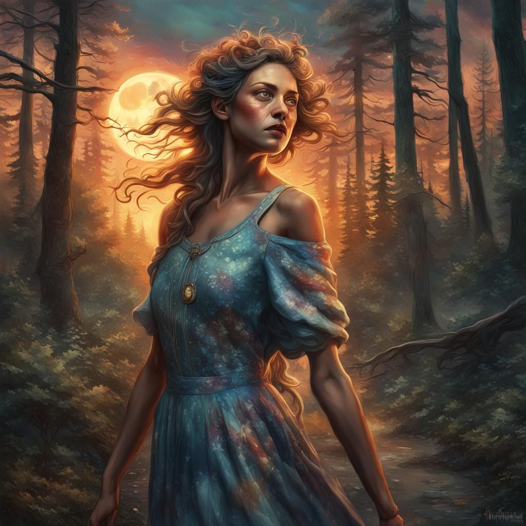 Woman in Forest with Beings, Detailed Digital Art