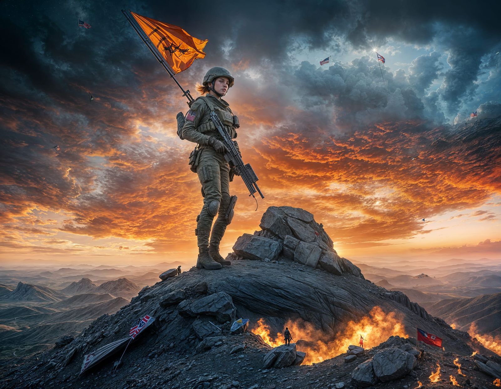 Futuristic Soldier with Flag on Fiery Hilltop